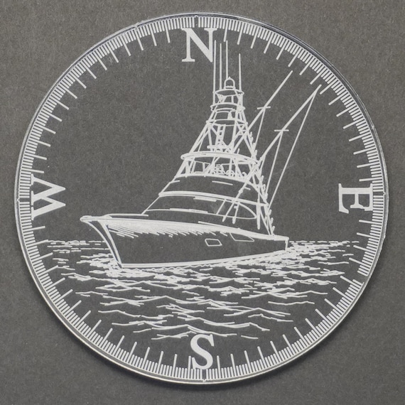 Sportfishing Boat Coaster | Compass Rose Engraved Acrylic | Deep Sea Fishing Gift